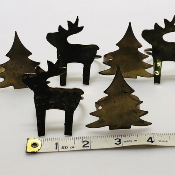 Vintage Napkin Ring Holders Brass Gold Tone Metal Rustic Tree Moose Set Of 6 - Picture 7 of 12